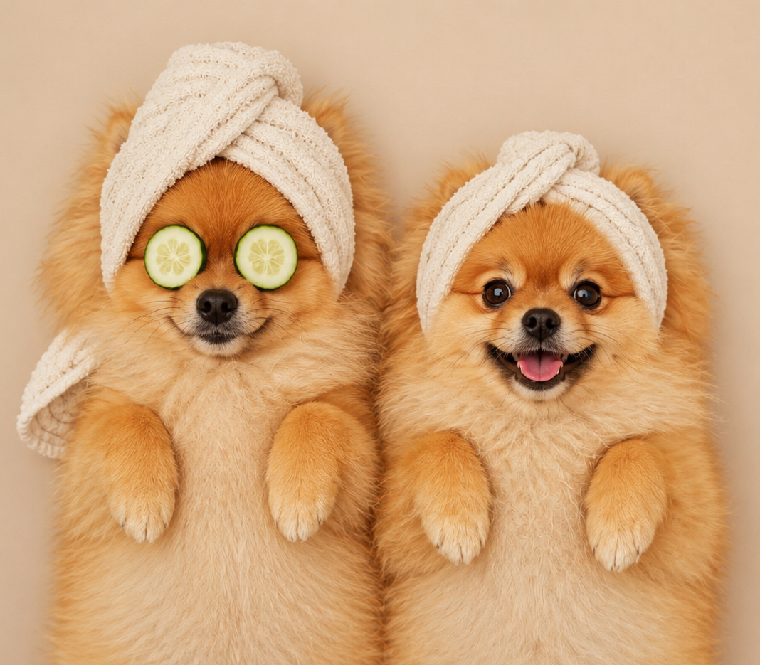 Twee Pomeranians in spa met handdoeken en komkommers